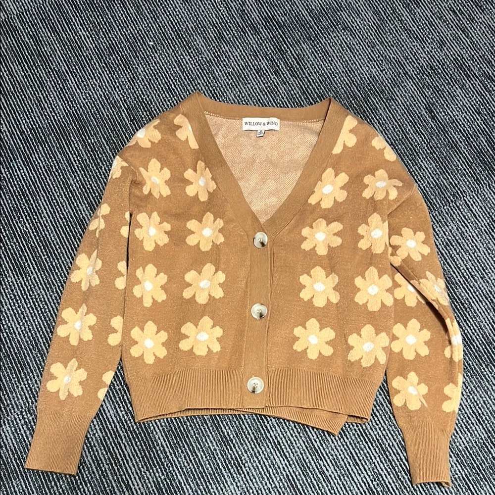 Yellow and Brown Floral Cardigan Sweater